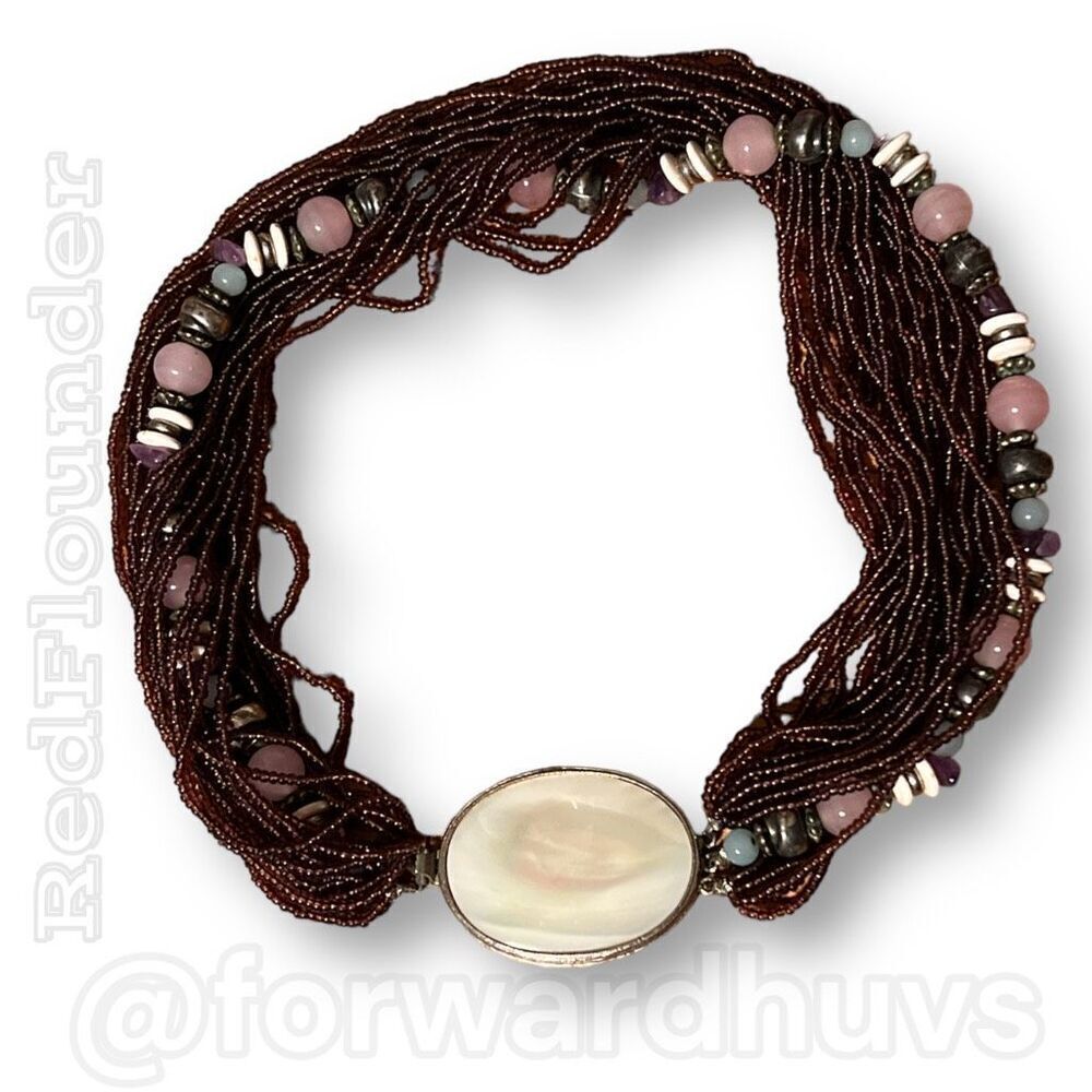 Vintage Choker Length Seed Bead Necklace with Mother Of Pearl Pendant